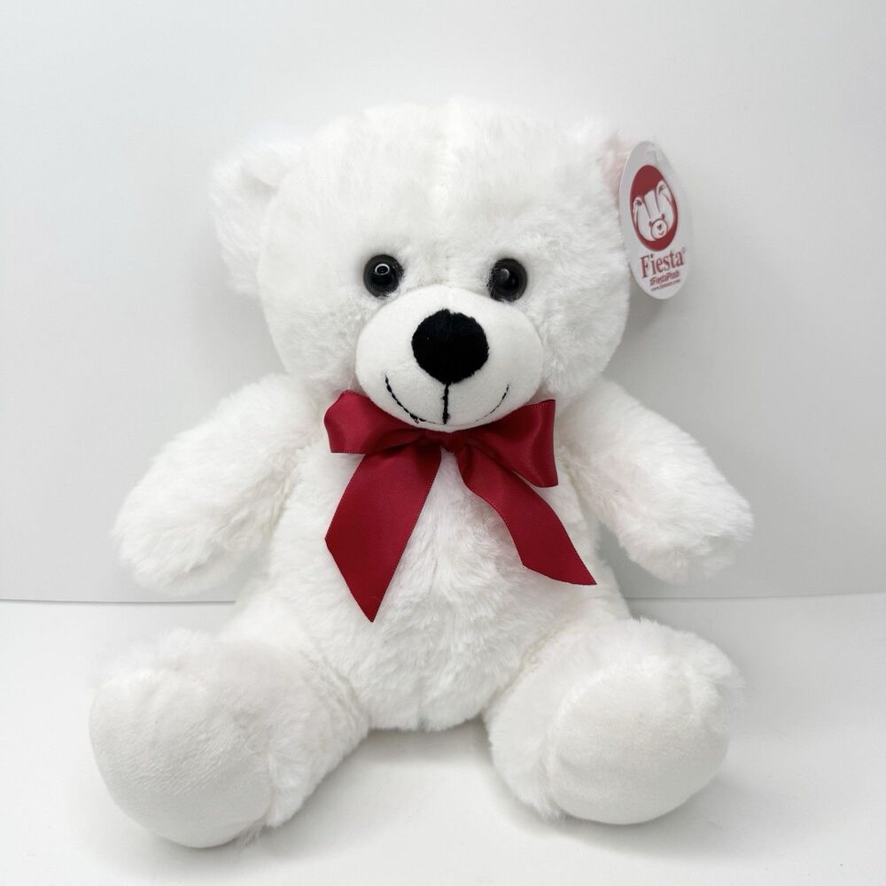 Fiesta White Teddy Bear 8" Plush Stuffed Animal Red Satin Bow